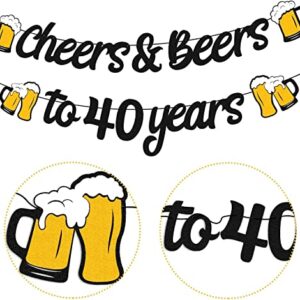 Cheers and Beers to 40th Years Banner 40th Birthday Decorations for Men Women 40s Birthday Backdrop Wedding Anniversary Party Supplies Black Glitter Decorations Pre-Strung