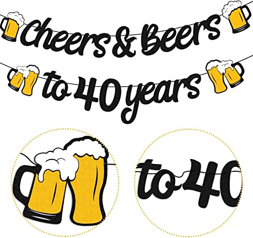 Cheers and Beers to 40th Years Banner 40th Birthday Decorations for Men Women 40s Birthday Backdrop Wedding Anniversary Party Supplies Black Glitter Decorations Pre-Strung