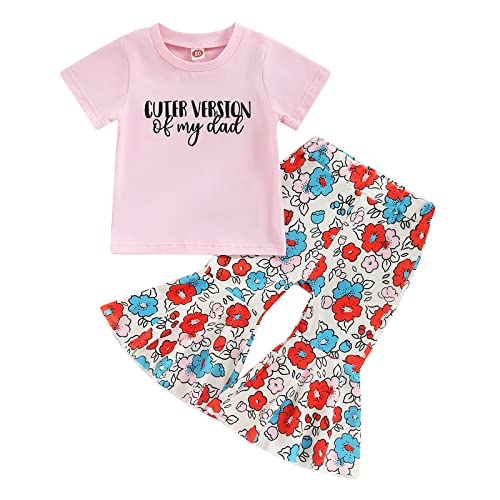 Toddler Baby Girl 2Pcs Summer Outfit Set Funny Letters Print T-Shirt Tops About Daddy Floral Flared Pants Clothes (Pink, 18-24 Months)