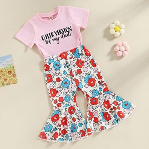 Toddler Baby Girl 2Pcs Summer Outfit Set Funny Letters Print T-Shirt Tops About Daddy Floral Flared Pants Clothes (Pink, 18-24 Months)