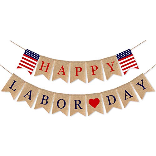 SWYOUN Burlap Happy Labor Day Banner Mantel Fireplace Supplies Bunting Garland Decoration