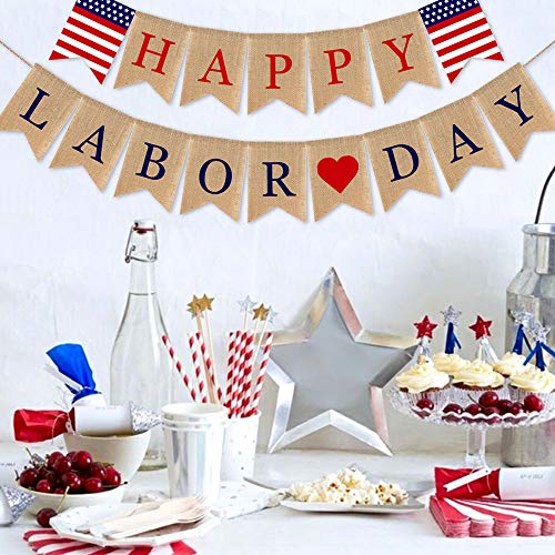 SWYOUN Burlap Happy Labor Day Banner Mantel Fireplace Supplies Bunting Garland Decoration