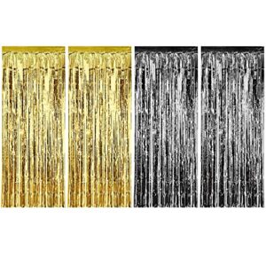 sumind 4 pack foil curtains metallic fringe curtains shimmer curtain for birthday wedding party christmas decorations (gold and black)