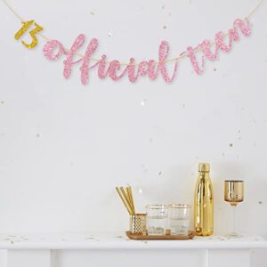 Halawawa Pink Glitter 13 Official Teen Banner - Happy 13th Birthday Party Decoration Banner for 13th Boys Girls - 13 Years Old Teenager Birthday Party Decors Photo Booth Props