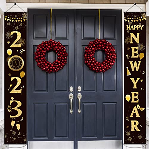 Large 2023 Happy New Year Door Banner New Year Porch Banner Signs Happy New Year Hanging Decorations for New Years Eve Party Supplies 2023 NYE Party Decorations