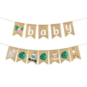 2pcs floral safari animals baby shower burlap banner decoration, wall hanging floral wild animals banner decor lion, giraffe, elephant, hippo animal pattern with rope hanging banner sign decor theme party indoor decorations