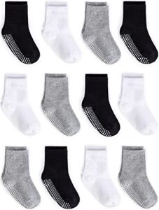 zaples baby non slip grip crew socks with anti skid soles for infants toddlers kids boys girls, assorted 12 pack, 4-7 years