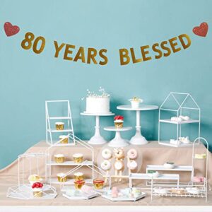 Betteryanzi Gold 80 Years Blessed Banner,Pre-strung,80th Birthday/Wedding Anniversary Party Decorations Supplies,Gold Glitter Paper Garlands Backdrops,Letters Gold 80 YEARS BLESSED