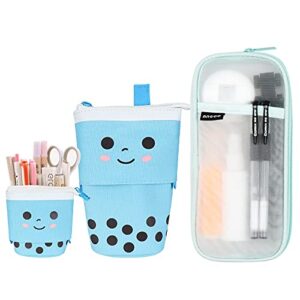 cute pencil case telescopic holder stationery case with grid mesh pencil holder, pop up pencil pouch standing pen holder makeup office bag organizer school box for girls students women adults
