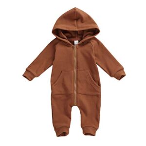 seyurigaoka baby boys girls jumpsuit hoodie romper zipper long sleeve one piece outfits warm clothes for unisex (coffee, 0-3 months)