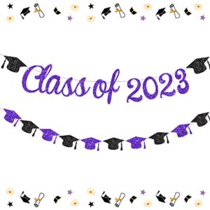 class of 2023 banner purple 2023 graduation decorations purple and black bachelor cap garland for grad party decorations 2023 congrats grad bunting sign