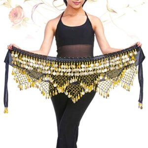 ARTIBETTER Bellydance Hip Scarf with Gold Coins Skirts Wrap Belly Dancing Hip Scarf for Zumba Yoga Class (Black, Free Size)