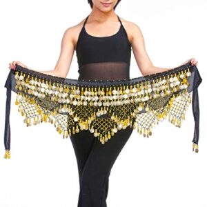 artibetter bellydance hip scarf with gold coins skirts wrap belly dancing hip scarf for zumba yoga class (black, free size)