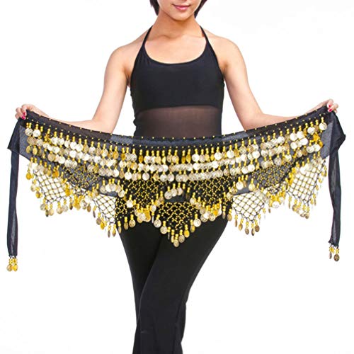 ARTIBETTER Bellydance Hip Scarf with Gold Coins Skirts Wrap Belly Dancing Hip Scarf for Zumba Yoga Class (Black, Free Size)