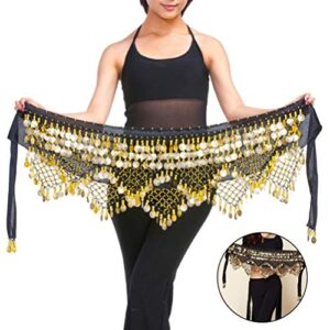 ARTIBETTER Bellydance Hip Scarf with Gold Coins Skirts Wrap Belly Dancing Hip Scarf for Zumba Yoga Class (Black, Free Size)