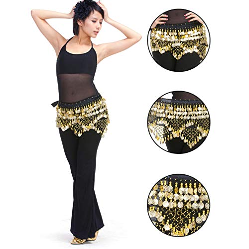 ARTIBETTER Bellydance Hip Scarf with Gold Coins Skirts Wrap Belly Dancing Hip Scarf for Zumba Yoga Class (Black, Free Size)