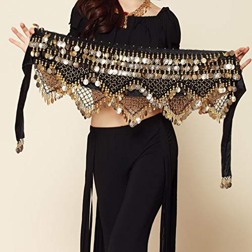 ARTIBETTER Bellydance Hip Scarf with Gold Coins Skirts Wrap Belly Dancing Hip Scarf for Zumba Yoga Class (Black, Free Size)