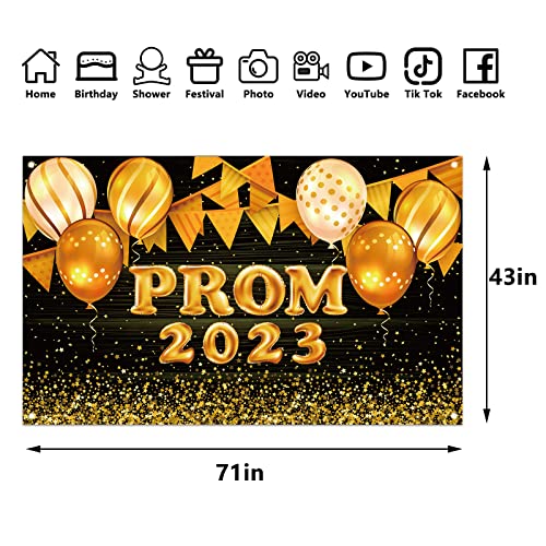 Black and Gold Prom 2023 Backdrop for Photography Prom 2023 Banner Graduation Party Banner Prom 2023 Decorations and Supplies for Home Party-71×43''