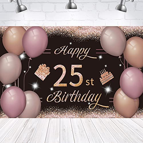 Happy 25st Birthday Backdrop Banner Black Pink 25th Sign Poster 25 Birthday Party Supplies for Anniversary Photo Booth Photography Background Birthday Party Decorations, 72.8 x 43.3 Inch