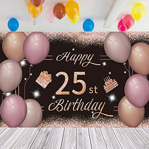 Happy 25st Birthday Backdrop Banner Black Pink 25th Sign Poster 25 Birthday Party Supplies for Anniversary Photo Booth Photography Background Birthday Party Decorations, 72.8 x 43.3 Inch