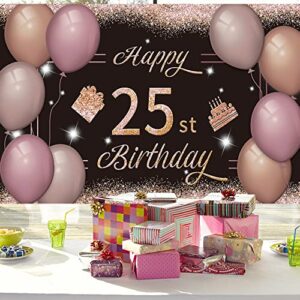 Happy 25st Birthday Backdrop Banner Black Pink 25th Sign Poster 25 Birthday Party Supplies for Anniversary Photo Booth Photography Background Birthday Party Decorations, 72.8 x 43.3 Inch