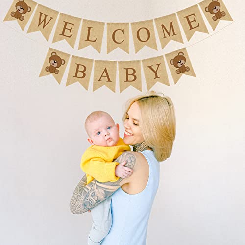 We Can Bearly Wait Baby Shower Party Decorations, Little Bear Baby Shower Themed Banner, Welcome Baby Burlap Banner for Boys and Girls,Baby Announcement and Gender Reveal Party Supplies and Favors,Vintage Garland and Sign,Suitable for Brown Teddy Bear The