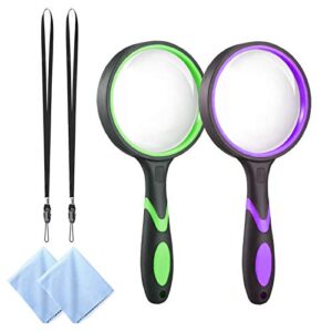 2pcs 10x handheld magnifying glass authentic for kids seniors, 75mm thickened magnifying lens & non-slip handle with rope reading magnifier for book reading, hobby observation, science (purple+green)