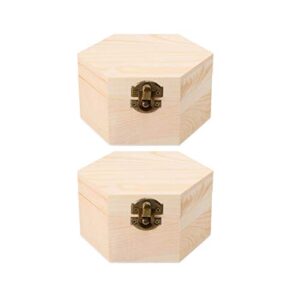 healifty 2pcs wood craft box hexagon unpainted wooden jewelry box diy storage chest treasure case organizer sundries jewelry storage container(random lock style)