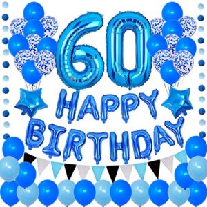 succris 60th blue theme for 60 years old birthday party supplies blue happy birthday banner blue circle dots garland paper hanging triangle flag banner confetti balloons number 60 blue