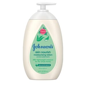 johnson’s skin nourish moisturizing baby lotion with aloe vera scent & vitamin e, gentle & lightweight body lotion for the whole family, hypoallergenic, dye-free, 16.9 fl. oz