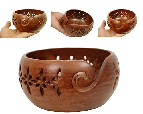 Humaira Nautical Rosewood Crafted Wooden Yarn Storage Bowl with Carved Holes & Drills | Knitting Crochet Accessories