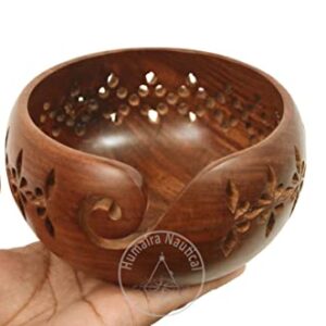 Humaira Nautical Rosewood Crafted Wooden Yarn Storage Bowl with Carved Holes & Drills | Knitting Crochet Accessories