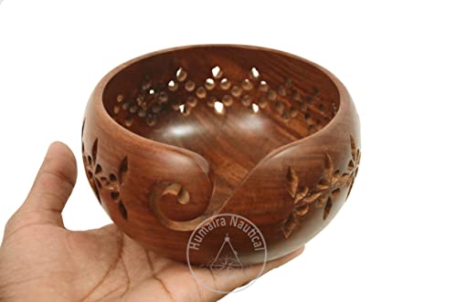 Humaira Nautical Rosewood Crafted Wooden Yarn Storage Bowl with Carved Holes & Drills | Knitting Crochet Accessories