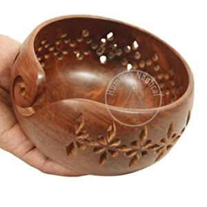 Humaira Nautical Rosewood Crafted Wooden Yarn Storage Bowl with Carved Holes & Drills | Knitting Crochet Accessories