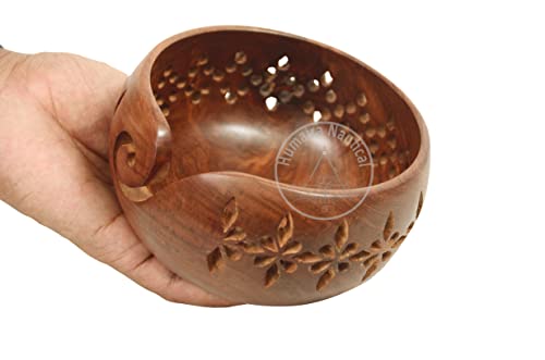 Humaira Nautical Rosewood Crafted Wooden Yarn Storage Bowl with Carved Holes & Drills | Knitting Crochet Accessories