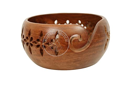 Humaira Nautical Rosewood Crafted Wooden Yarn Storage Bowl with Carved Holes & Drills | Knitting Crochet Accessories