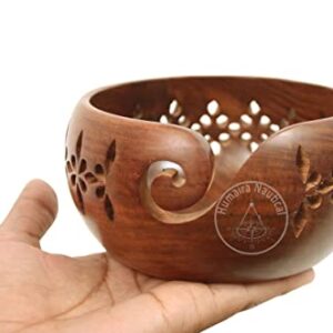 Humaira Nautical Rosewood Crafted Wooden Yarn Storage Bowl with Carved Holes & Drills | Knitting Crochet Accessories