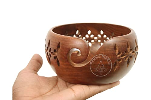 Humaira Nautical Rosewood Crafted Wooden Yarn Storage Bowl with Carved Holes & Drills | Knitting Crochet Accessories