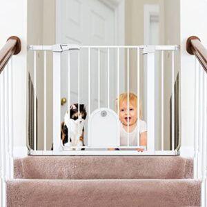 babelio auto close baby gate with small cat door, 29-43″ metal cat gate for doorway, stairs, house, easy walk thru dog gate with pet door, includes 4 wall cups and 3 extension pieces, white