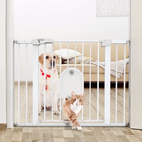 Babelio Auto Close Baby Gate with Small Cat Door, 29-43" Metal Cat Gate for Doorway, Stairs, House, Easy Walk Thru Dog Gate with pet Door, Includes 4 Wall Cups and 3 Extension Pieces, White