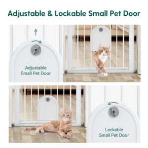 Babelio Auto Close Baby Gate with Small Cat Door, 29-43" Metal Cat Gate for Doorway, Stairs, House, Easy Walk Thru Dog Gate with pet Door, Includes 4 Wall Cups and 3 Extension Pieces, White