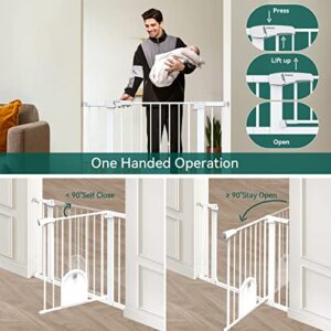 Babelio Auto Close Baby Gate with Small Cat Door, 29-43" Metal Cat Gate for Doorway, Stairs, House, Easy Walk Thru Dog Gate with pet Door, Includes 4 Wall Cups and 3 Extension Pieces, White