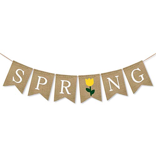 SWYOUN Burlap Spring Banner with Flower Home Supplies Mantel Fireplace Decoration