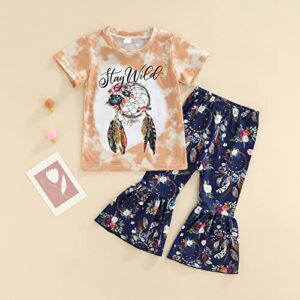 Amuver Baby Toddler Baby Girl Clothes Set Short Sleeve T-Shitrt Top Bell Bottom Pants 2Pcs Summer Outfits Cattle Tiger Pattern (Blue, 4T-5T)