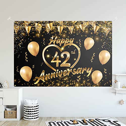 Happy 42nd Anniversary Backdrop Banner Decor Black Gold – Glitter Love Heart Happy 42 Years Wedding Anniversary Party 3.9 x 5.9 ft