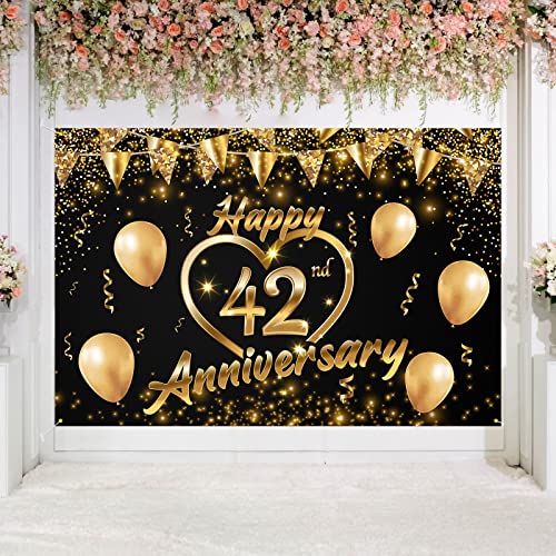 Happy 42nd Anniversary Backdrop Banner Decor Black Gold – Glitter Love Heart Happy 42 Years Wedding Anniversary Party 3.9 x 5.9 ft