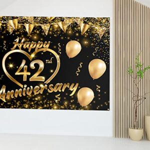 Happy 42nd Anniversary Backdrop Banner Decor Black Gold – Glitter Love Heart Happy 42 Years Wedding Anniversary Party 3.9 x 5.9 ft