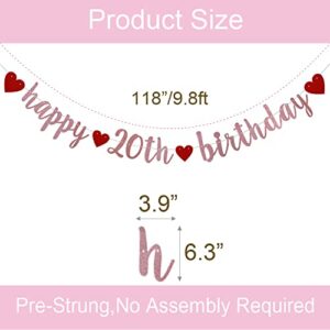 Happy 20th Birthday Banner, Pre-Strung,Rose Gold Glitter Paper Garlands for 20th Birthday Party Decorations Supplies, No Assembly Required,Rose Gold,SUNbetterland