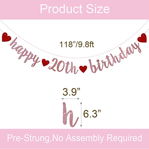 Happy 20th Birthday Banner, Pre-Strung,Rose Gold Glitter Paper Garlands for 20th Birthday Party Decorations Supplies, No Assembly Required,Rose Gold,SUNbetterland