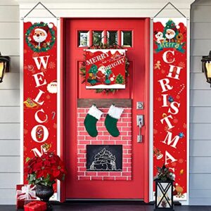 outdoor christmas decorations – merry christmas banners porch sign for outdoor indoor front door – welcome new year bright red xmas porch sign hanging for home wall door holiday party decor